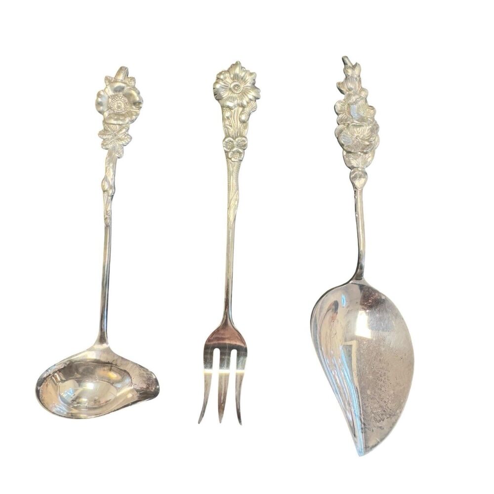 Reed and Barton Set of 3 Silver Plate Mini Hostess Serving Flatware Set Floral